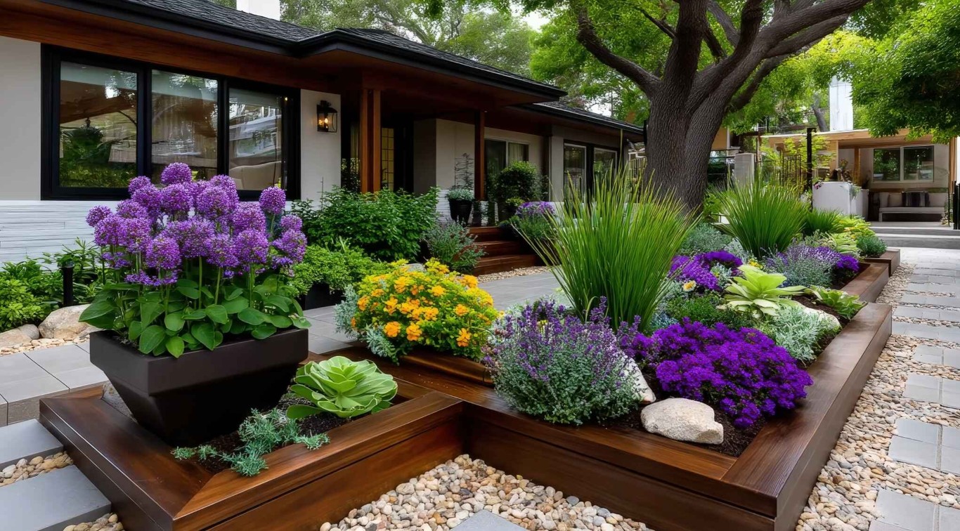 Transformed front yard with colorful flowers and professional landscaping